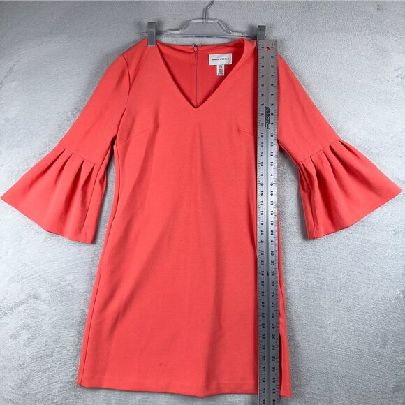 Donna Morgan Sheath Mini Dress Size 6 Bell Sleeves V Neck Back Zip Peach Pink - Picture 6 of 10